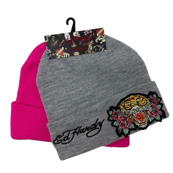 Ed Hardy Set of 2 Gray and Pink Beanie Set Love Kills Slowly NWT - Picture 2 of 6